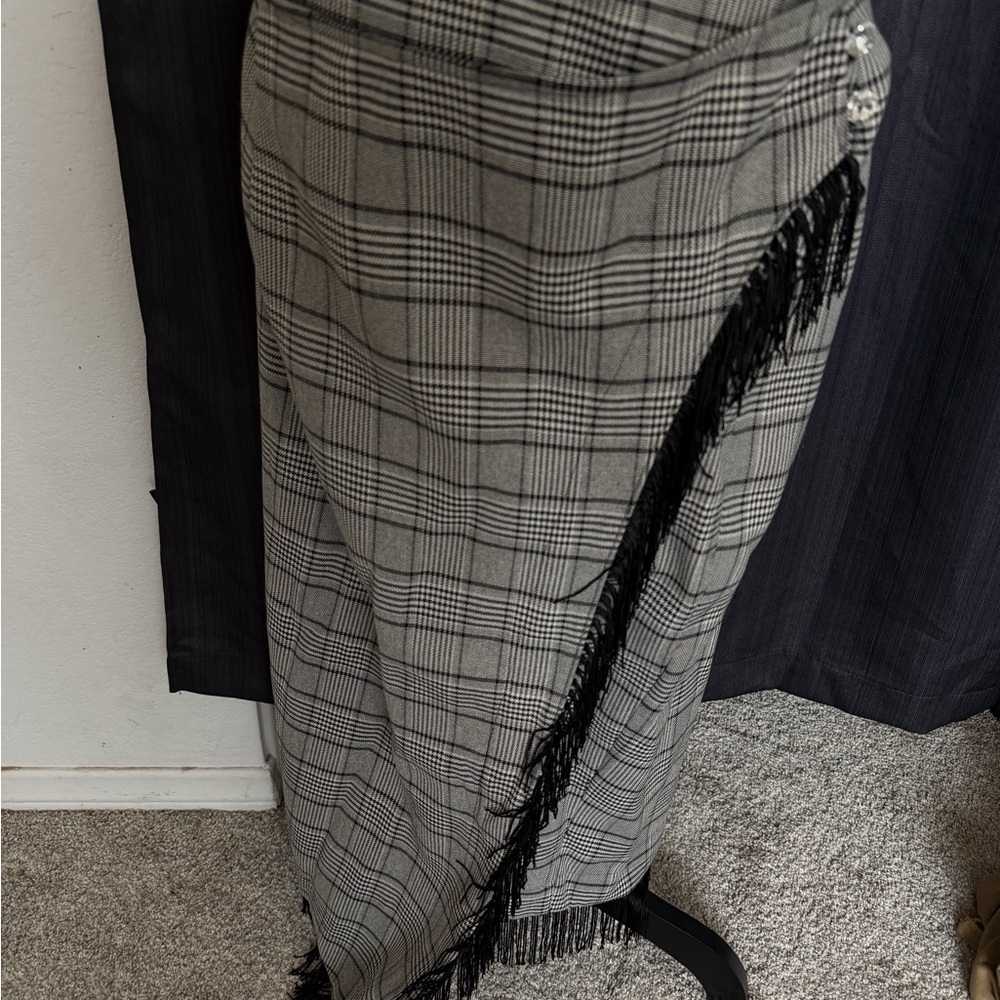 dylan Black and Gray Plaid Fringe Wrap Maxi Skirt